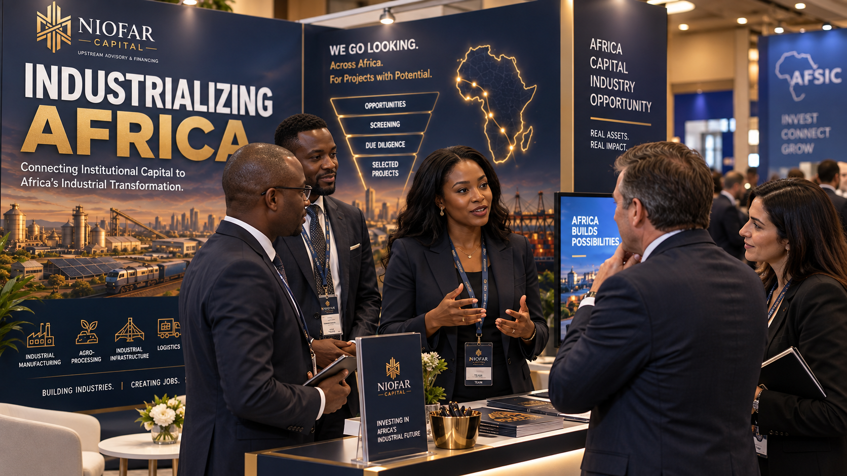Niofar Capital delegation speaking with investors at the AFSIC stand