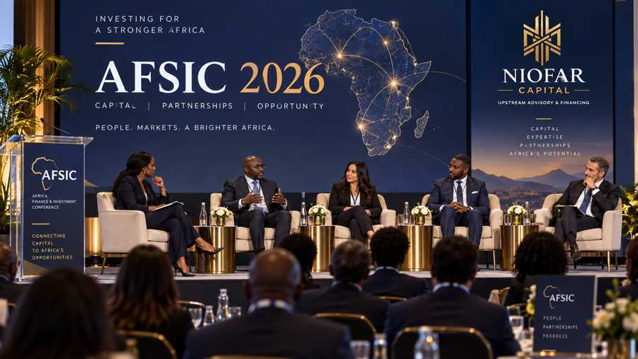 AFSIC panel on the main stage, with the Niofar Capital branding visible on the stage backdrop